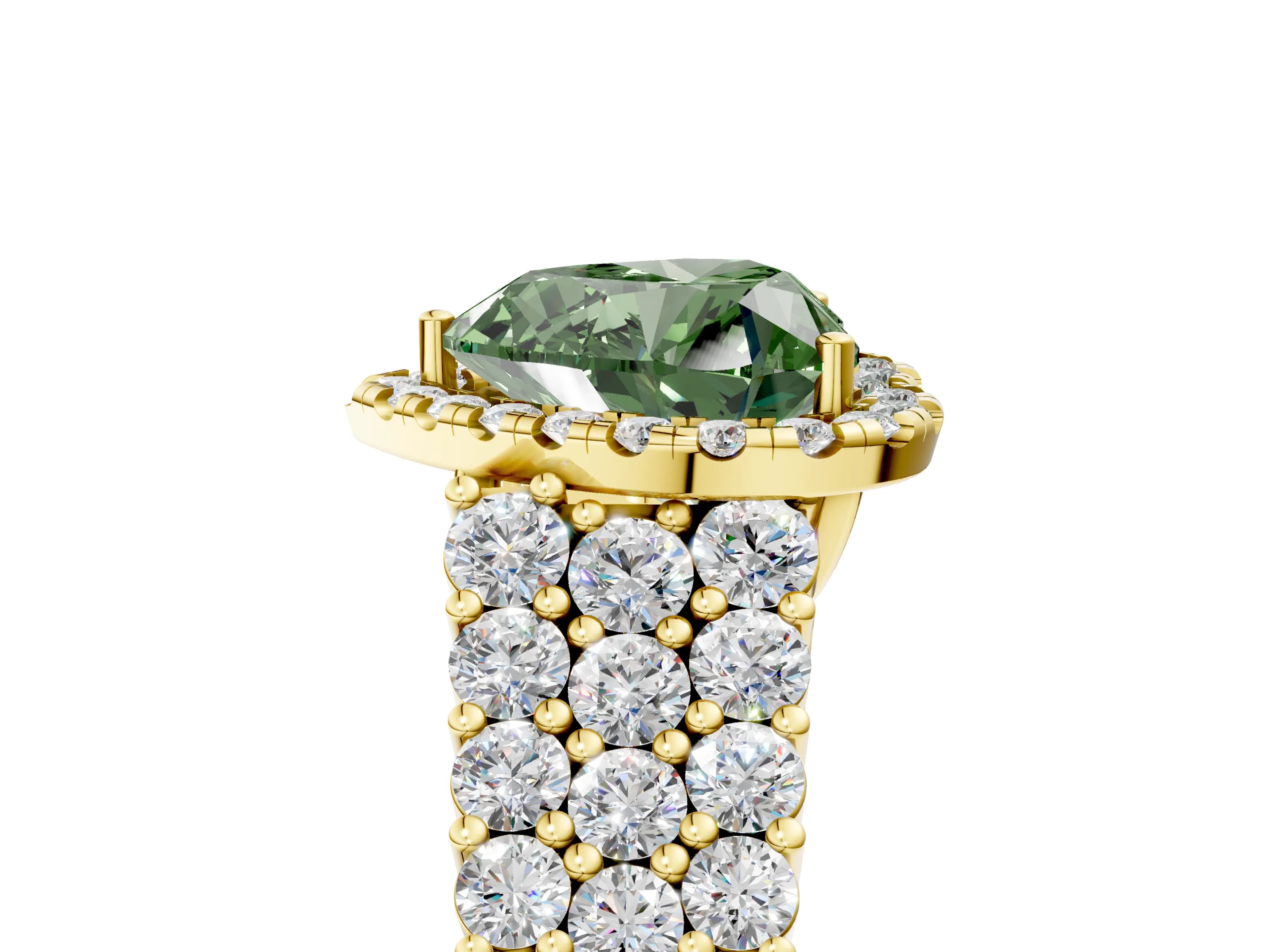 Yellow gold Fancy Green Heart Cut Halo Pavé Diamond Engagement Ring with Split Shank and Four-Prong Setting_8
