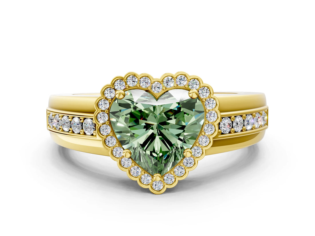 Yellow gold Fancy Green Heart  Cut Halo Pave Band Four-Prong Ring_29