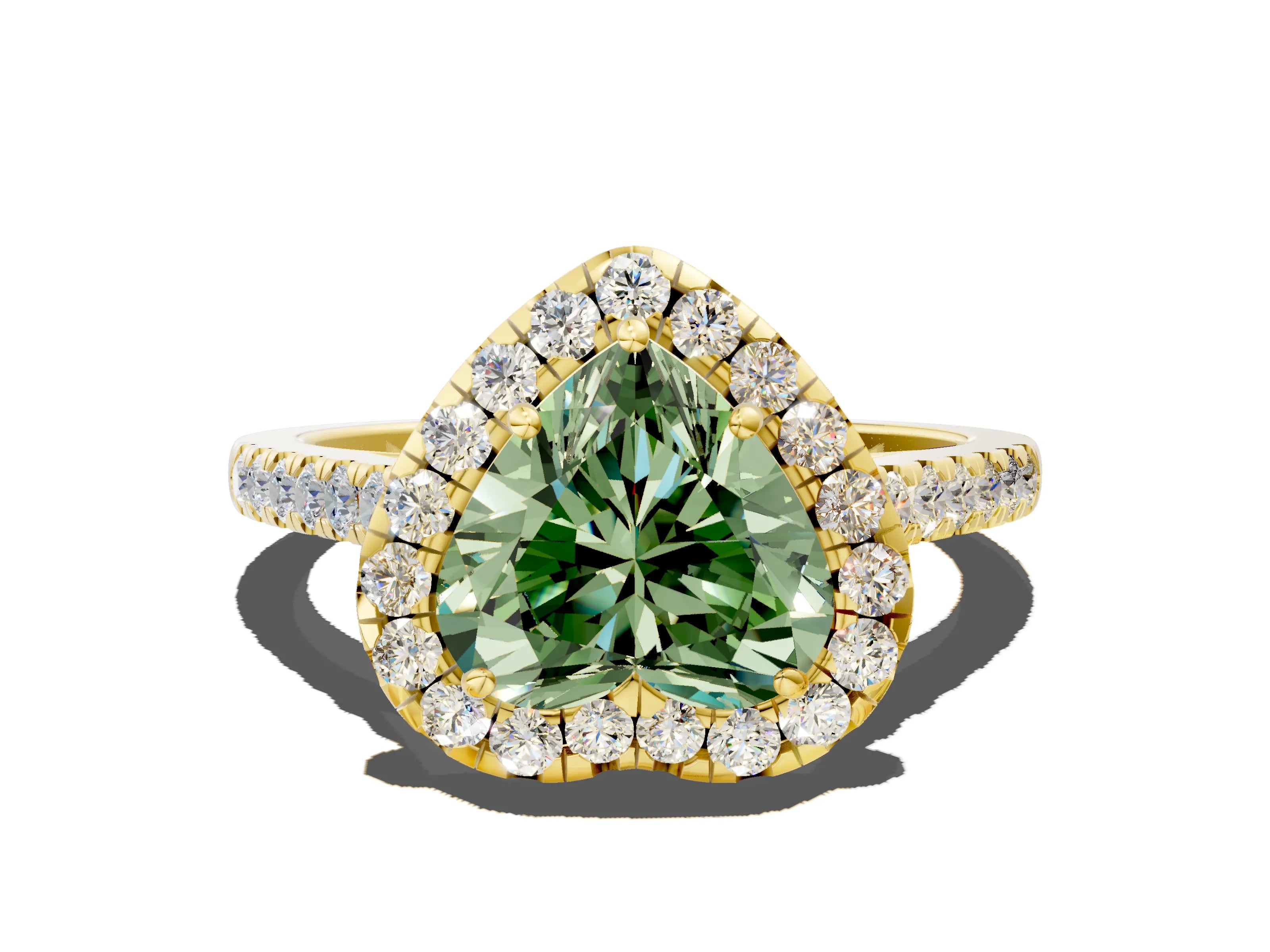 Yellow gold Fancy Green Heart Cut Halo Pave Diamond Engagement Ring with Four-Prong Setting