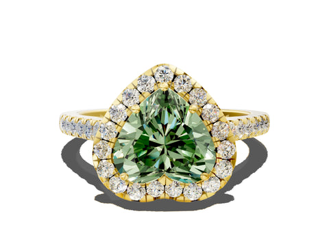 Yellow gold Fancy Green Heart Cut Halo Pave Diamond Engagement Ring with Four-Prong Setting