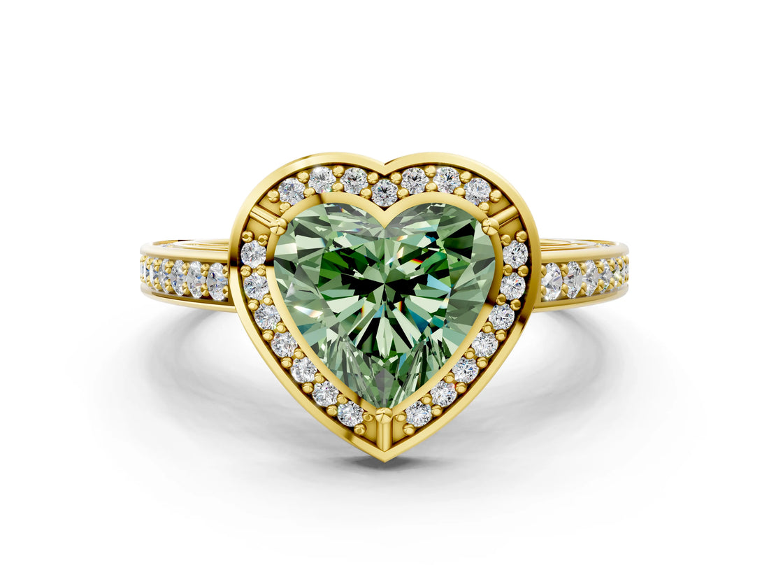 Yellow gold Fancy Green Heart  Cut Halo Pave Split Shank Prong Setting Ring_32
