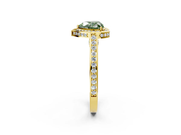 Yellow gold Fancy Green Heart  Cut Halo Pave Split Shank Prong Setting Ring