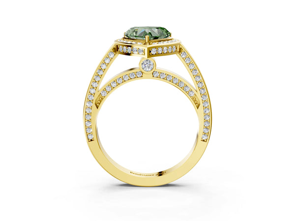 Yellow gold Fancy Green Heart  Cut Halo Pave Split Shank Prong Setting Ring