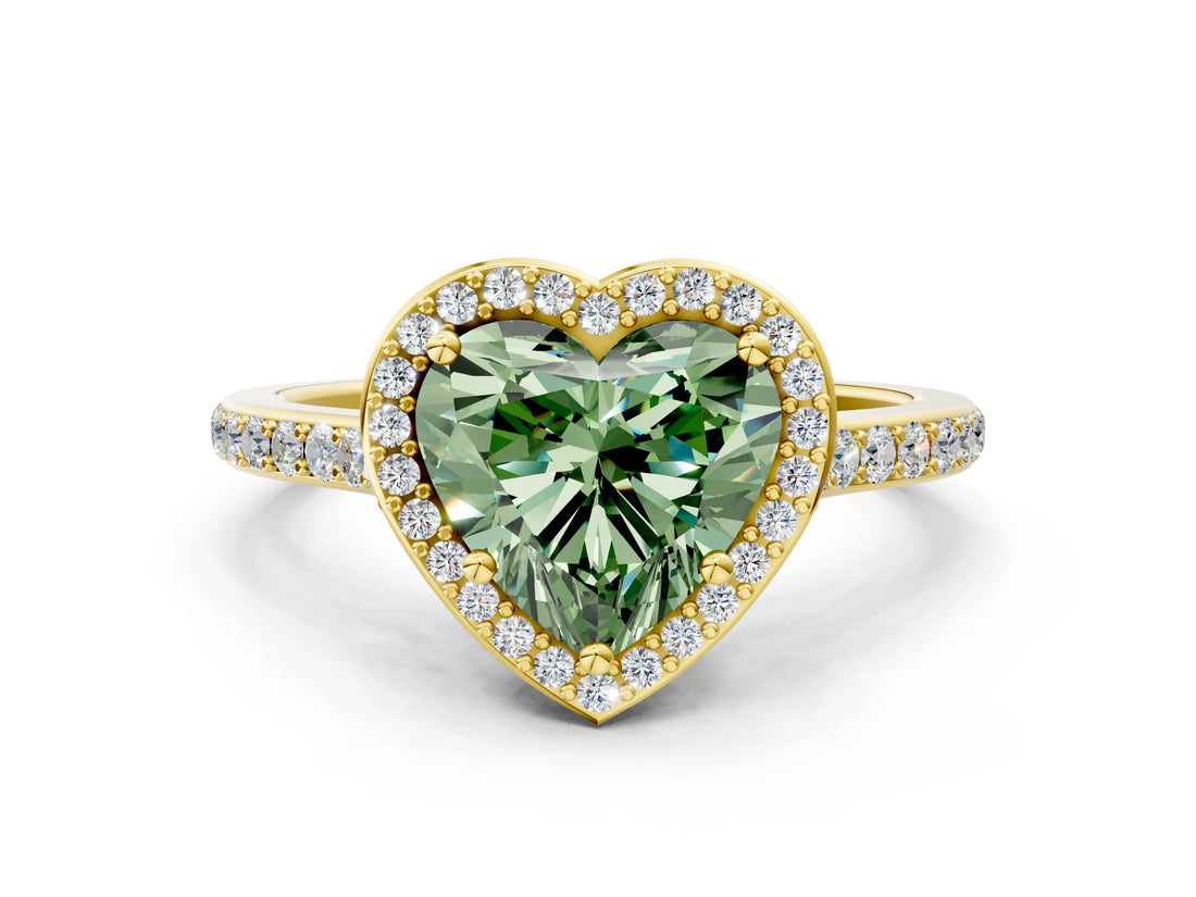 Yellow gold Fancy Green Heart Cut Halo Round Diamond Pavé Band with Four-Prong Setting_3