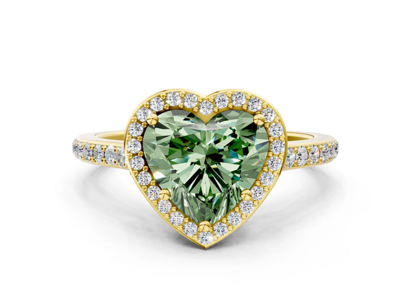 Yellow gold Fancy Green Heart Cut Halo Round Diamond Pavé Band with Four-Prong Setting