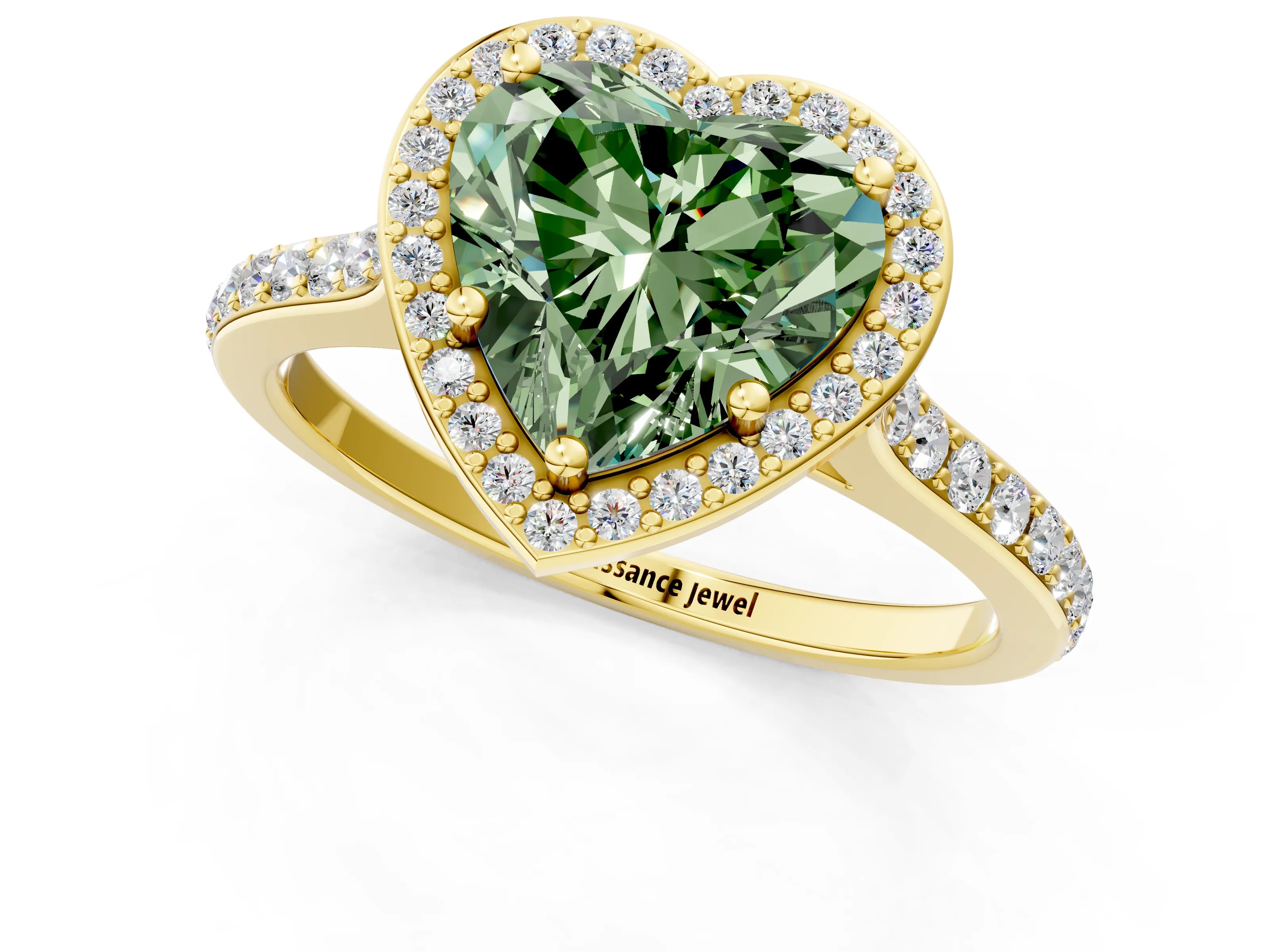 Yellow gold Fancy Green Heart Cut Halo Round Diamond Pavé Band with Four-Prong Setting_4