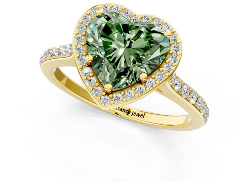 Yellow gold Fancy Green Heart Cut Halo Round Diamond Pavé Band with Four-Prong Setting_4