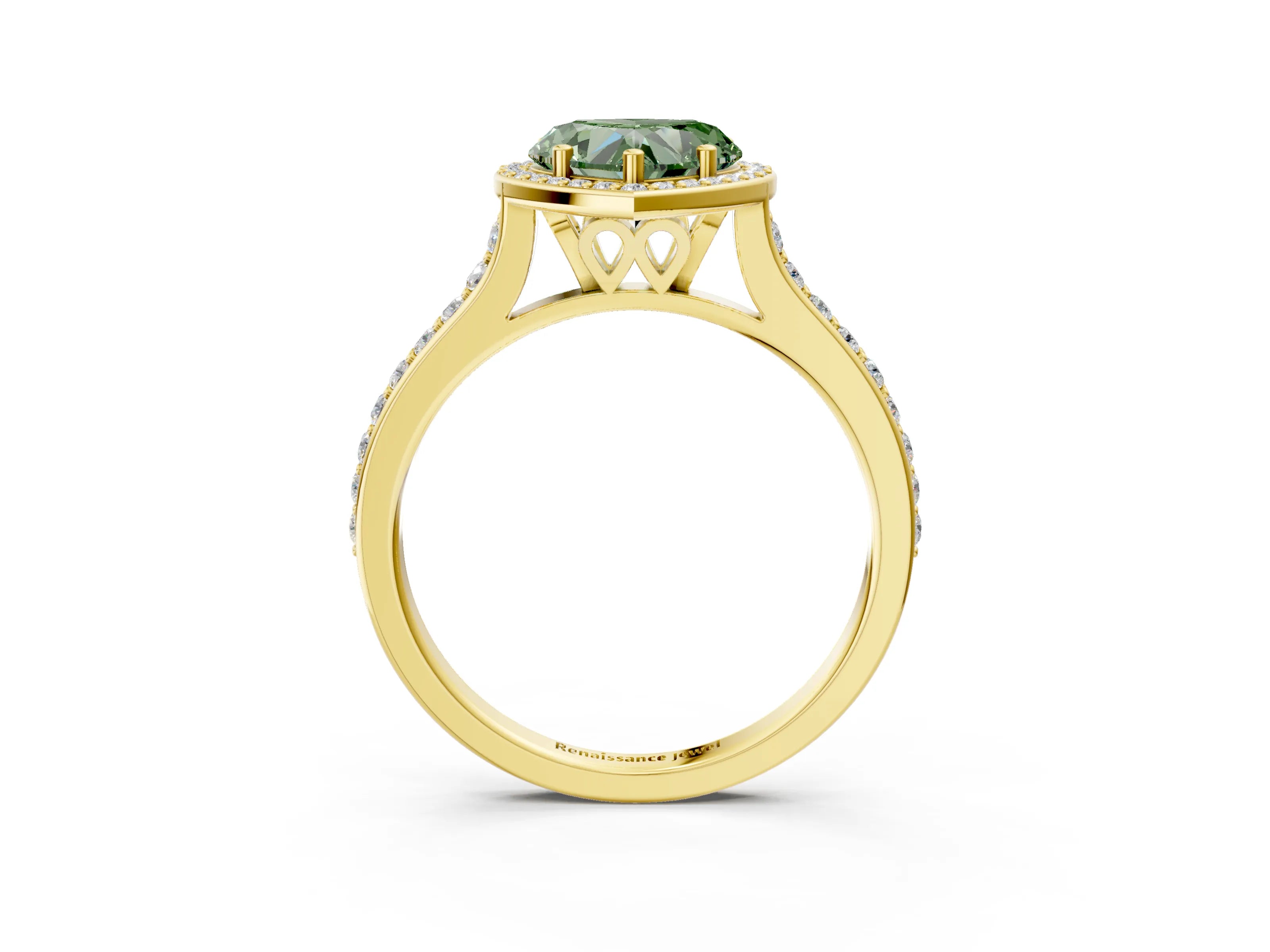 Yellow gold Fancy Green Heart Cut Halo Round Diamond Pavé Band with Four-Prong Setting_6