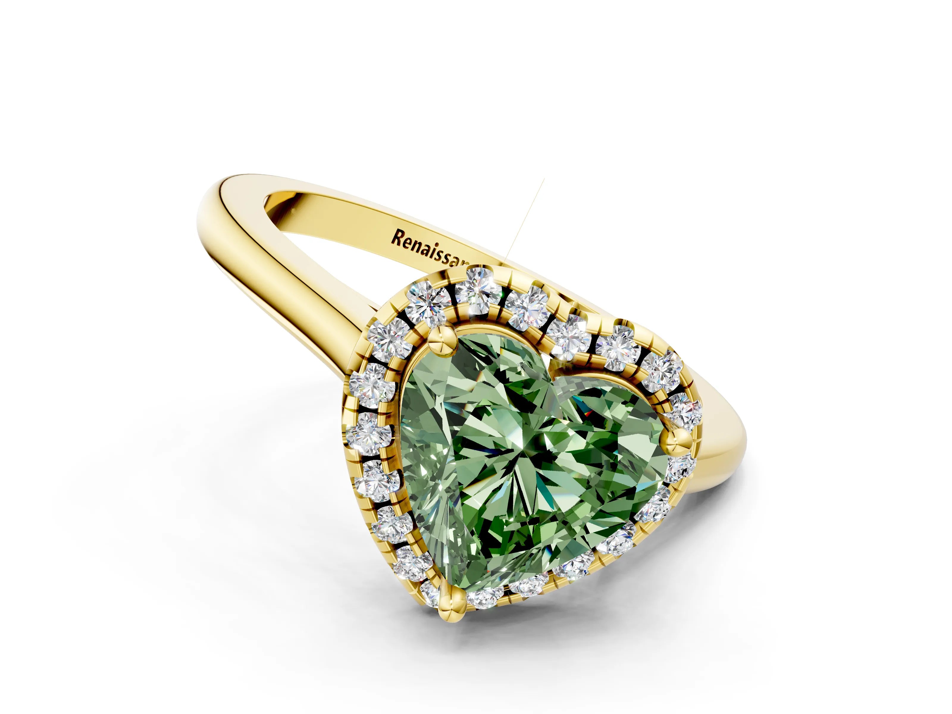 Yellow gold Fancy Green Heart Cut Halo Round Diamond Solitaire Engagement Ring with Pave Band and Four-Prong Setting_12