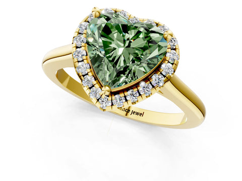 Yellow gold Fancy Green Heart Cut Halo Round Diamond Solitaire Engagement Ring with Pave Band and Four-Prong Setting_13