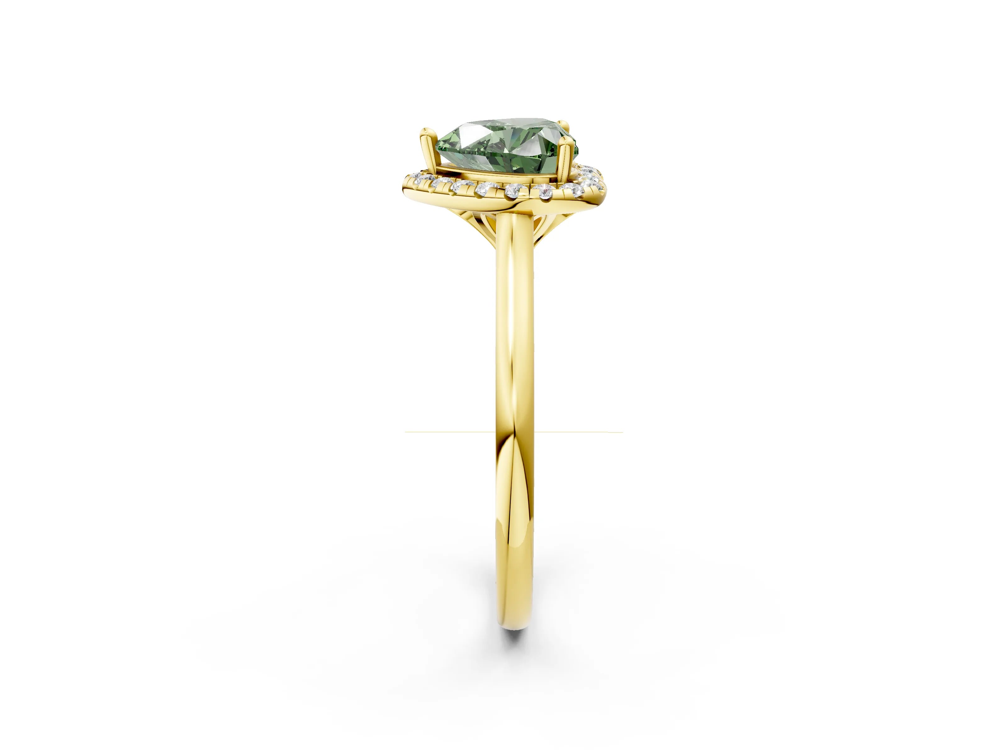 Yellow gold Fancy Green Heart Cut Halo Round Diamond Solitaire Engagement Ring with Pave Band and Four-Prong Setting_14