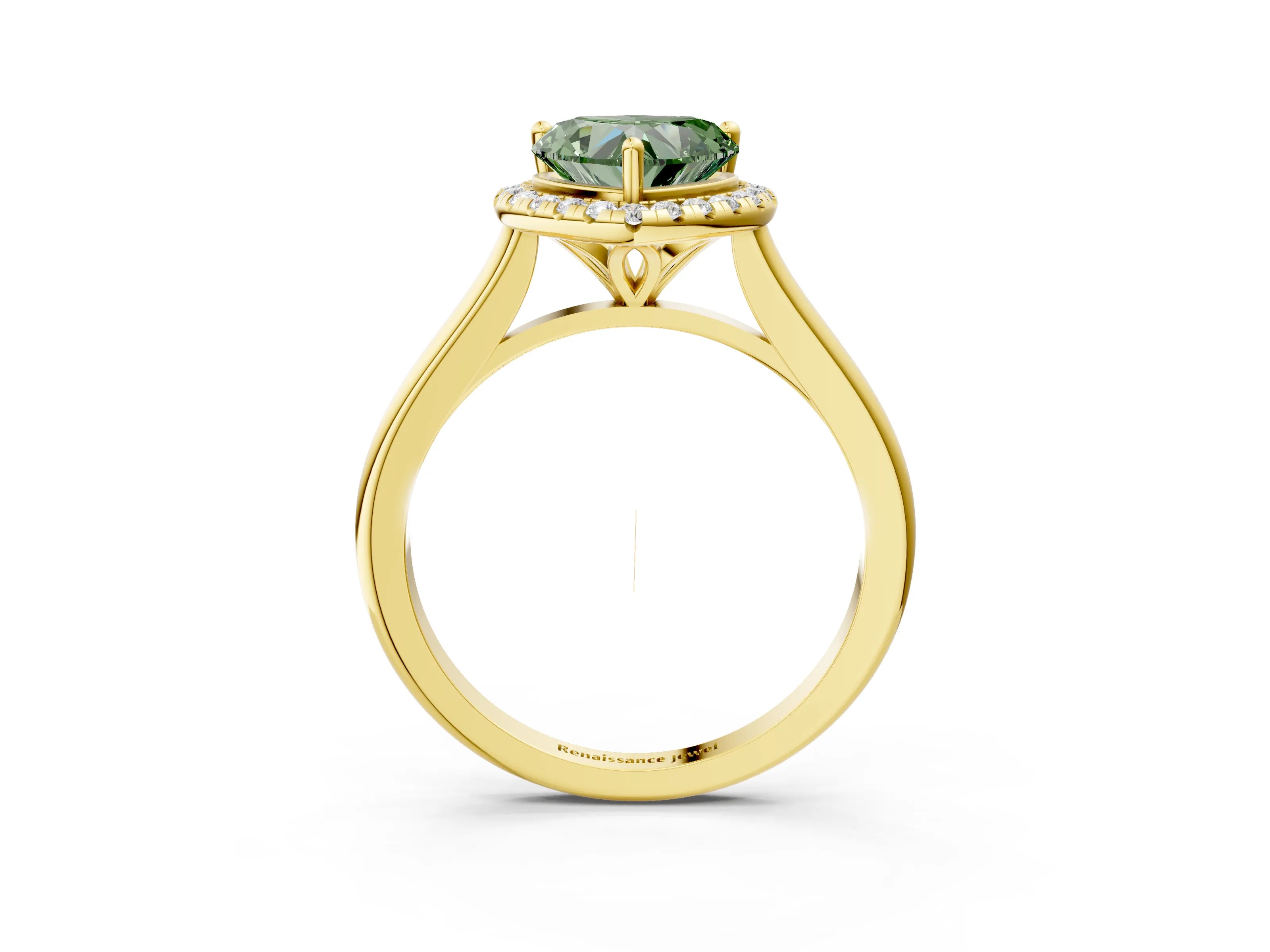 Yellow gold Fancy Green Heart Cut Halo Round Diamond Solitaire Engagement Ring with Pave Band and Four-Prong Setting_15