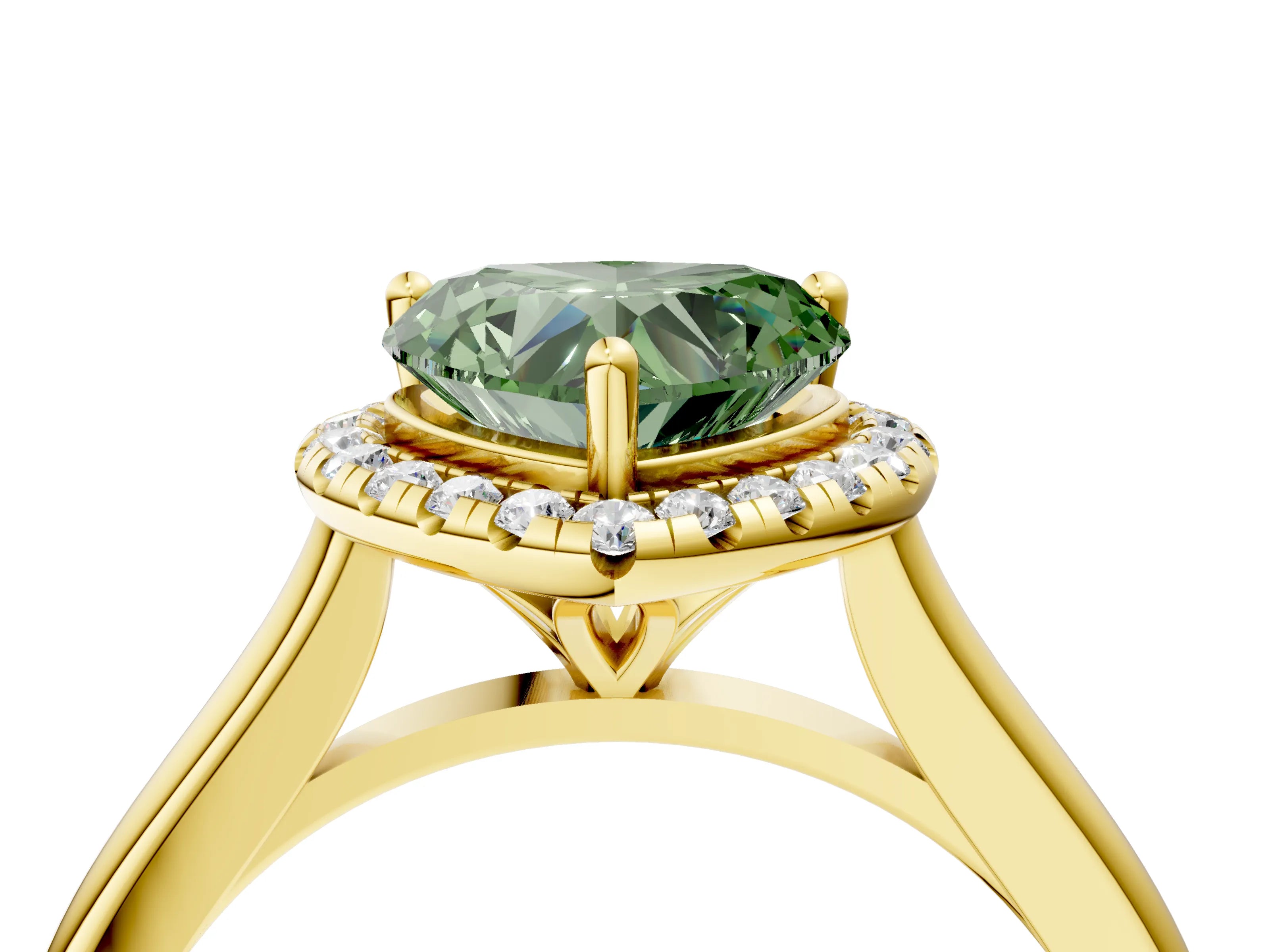 Yellow gold Fancy Green Heart Cut Halo Round Diamond Solitaire Engagement Ring with Pave Band and Four-Prong Setting_16