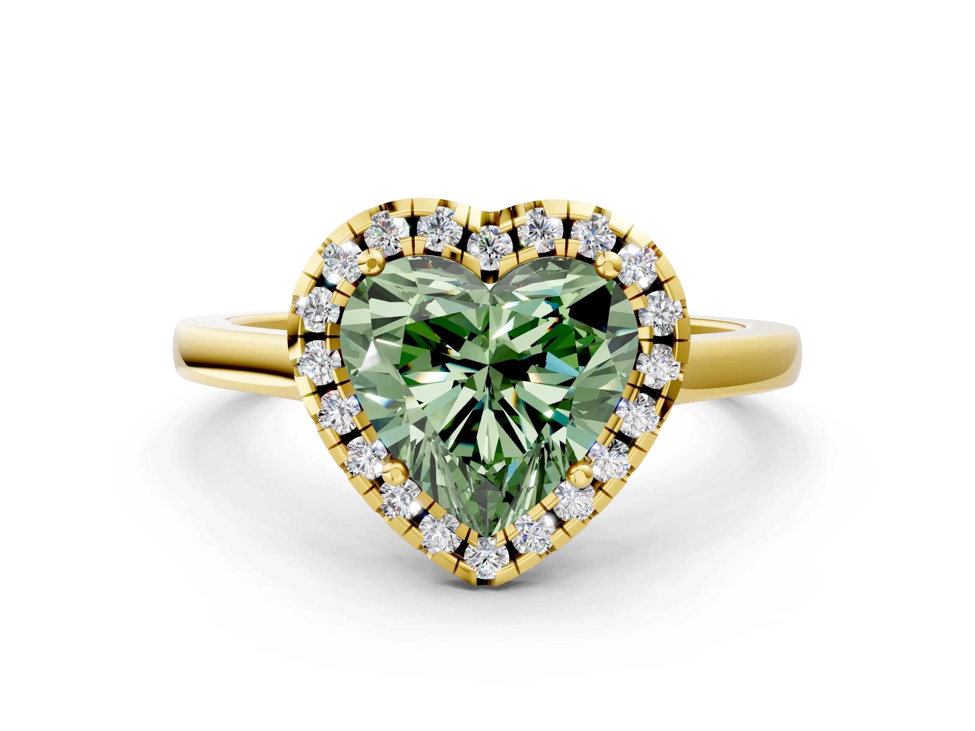 Yellow gold Fancy Green Heart Cut Halo Round Diamond Solitaire Ring with Pavé Band and Four-Prong Setting_12