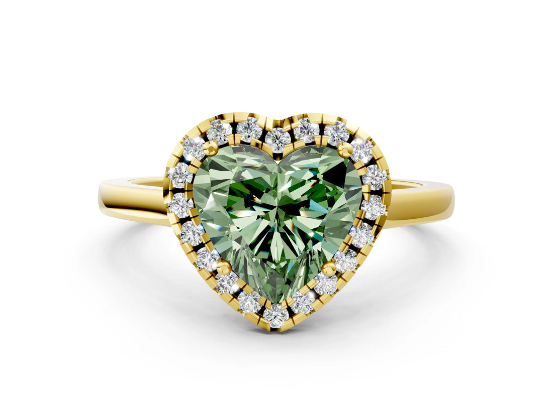 Yellow gold Fancy Green Heart Cut Halo Round Diamond Solitaire Ring with Pavé Band and Four-Prong Setting_12