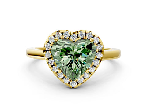 Yellow gold Fancy Green Heart Cut Halo Round Diamond Solitaire Ring with Pavé Band and Four-Prong Setting_12