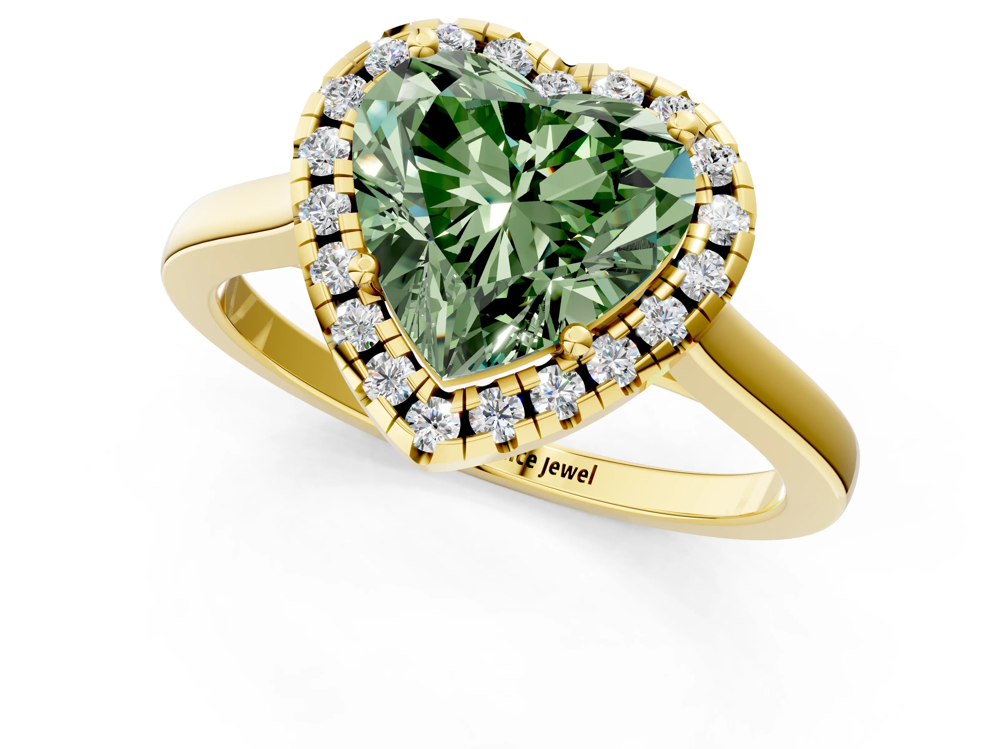 Yellow gold Fancy Green Heart Cut Halo Round Diamond Solitaire Ring with Pavé Band and Four-Prong Setting_13