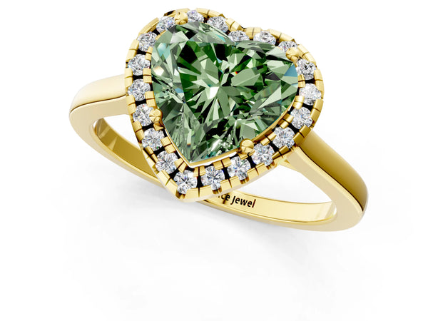 Yellow gold Fancy Green Heart Cut Halo Round Diamond Solitaire Ring with Pavé Band and Four-Prong Setting