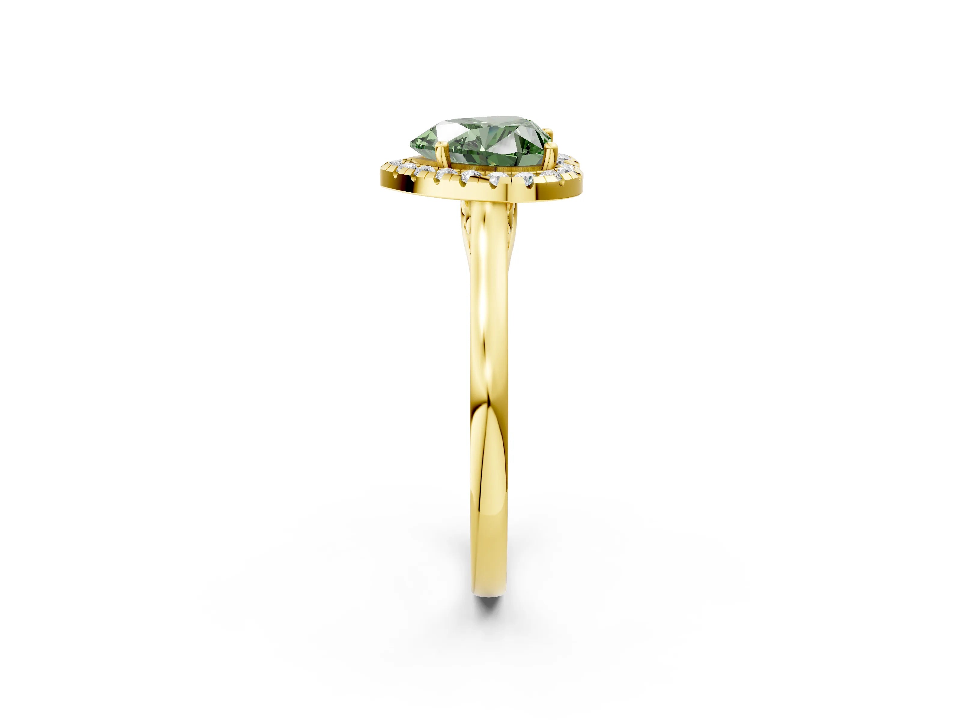 Yellow gold Fancy Green Heart Cut Halo Round Diamond Solitaire Ring with Pavé Band and Four-Prong Setting_14
