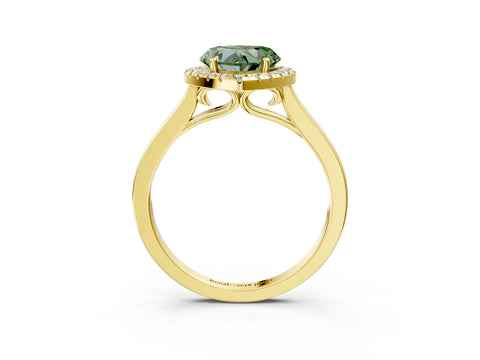 Yellow gold Fancy Green Heart Cut Halo Round Diamond Solitaire Ring with Pavé Band and Four-Prong Setting_15