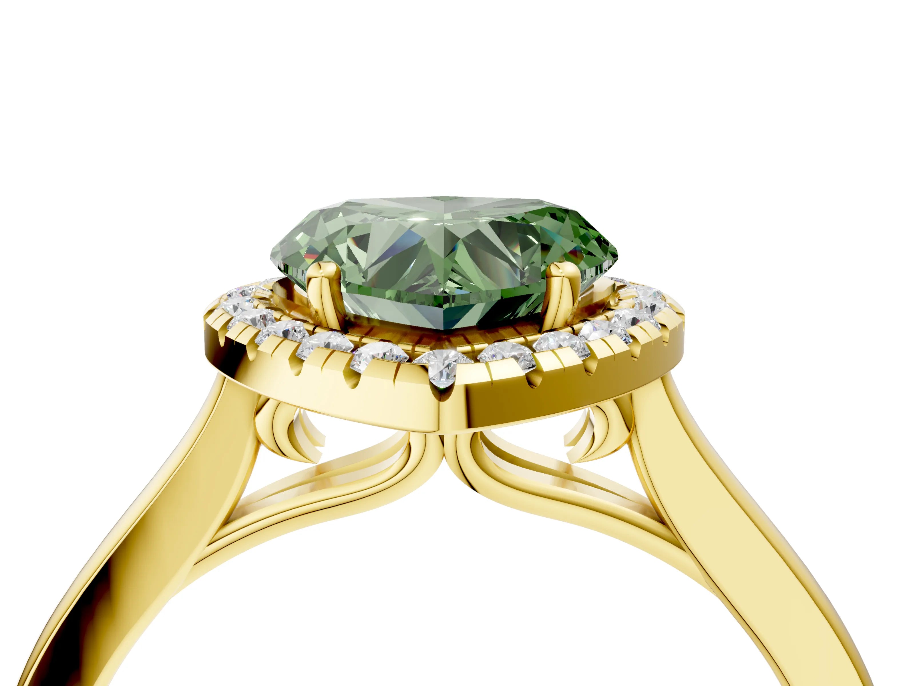 Yellow gold Fancy Green Heart Cut Halo Round Diamond Solitaire Ring with Pavé Band and Four-Prong Setting_16