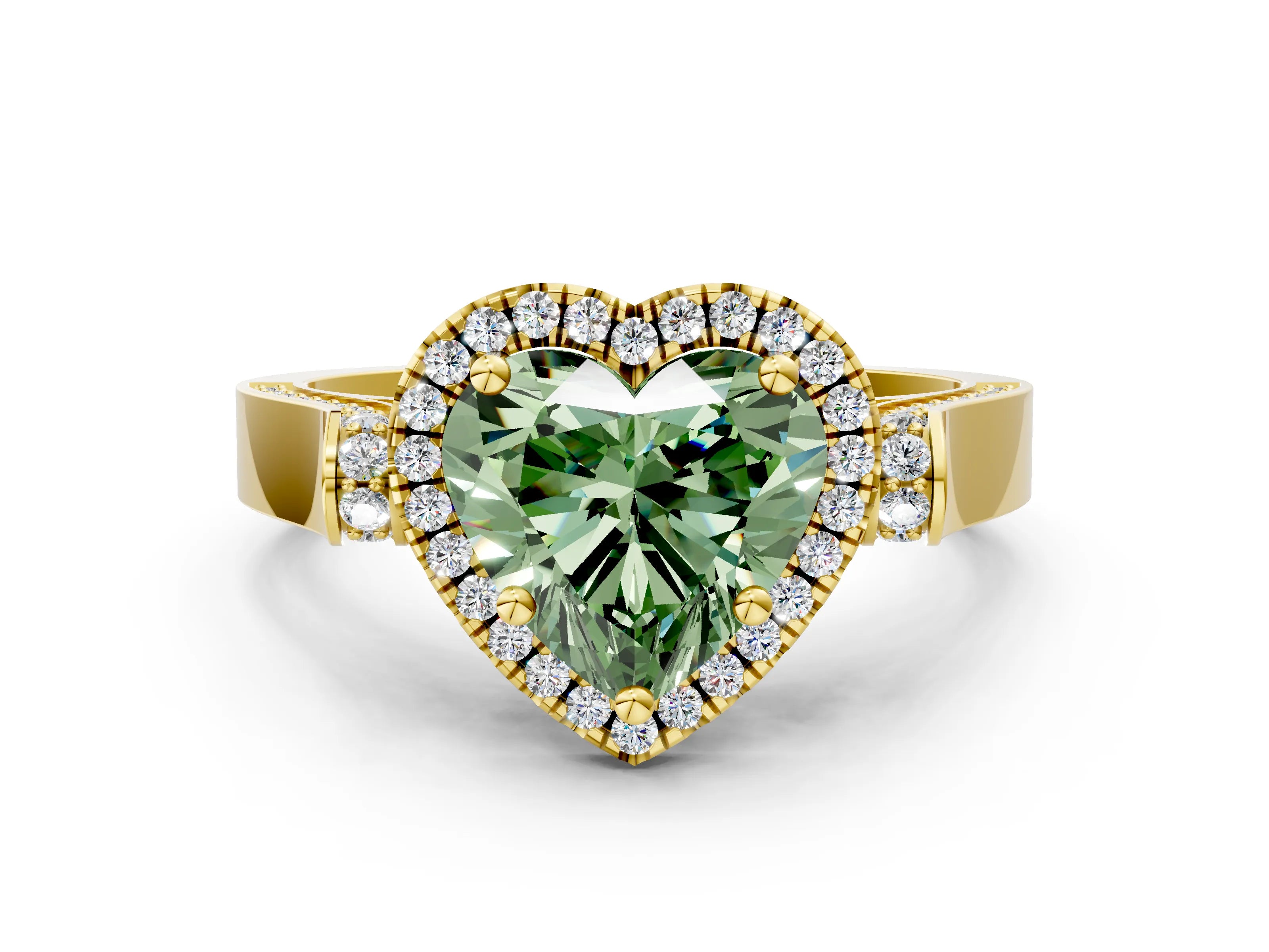 Yellow gold Fancy Green Heart Cut Halo Round Diamond Twist Band with Four-Prong Setting