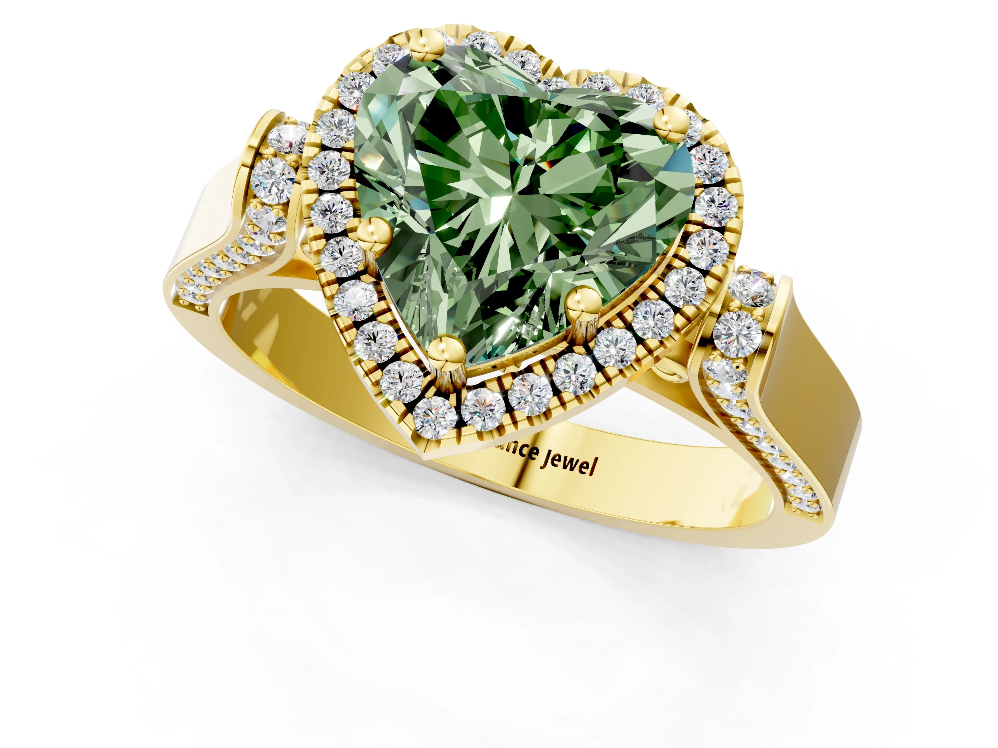 Yellow gold Fancy Green Heart Cut Halo Round Diamond Twist Band with Four-Prong Setting_1