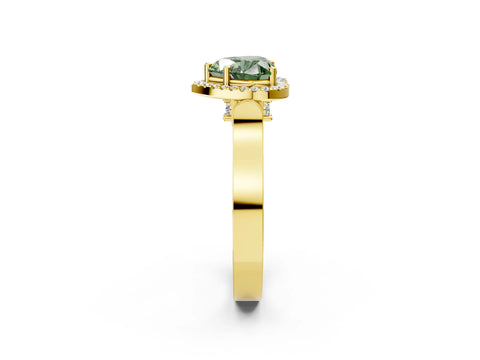 Yellow gold Fancy Green Heart Cut Halo Round Diamond Twist Band with Four-Prong Setting_2