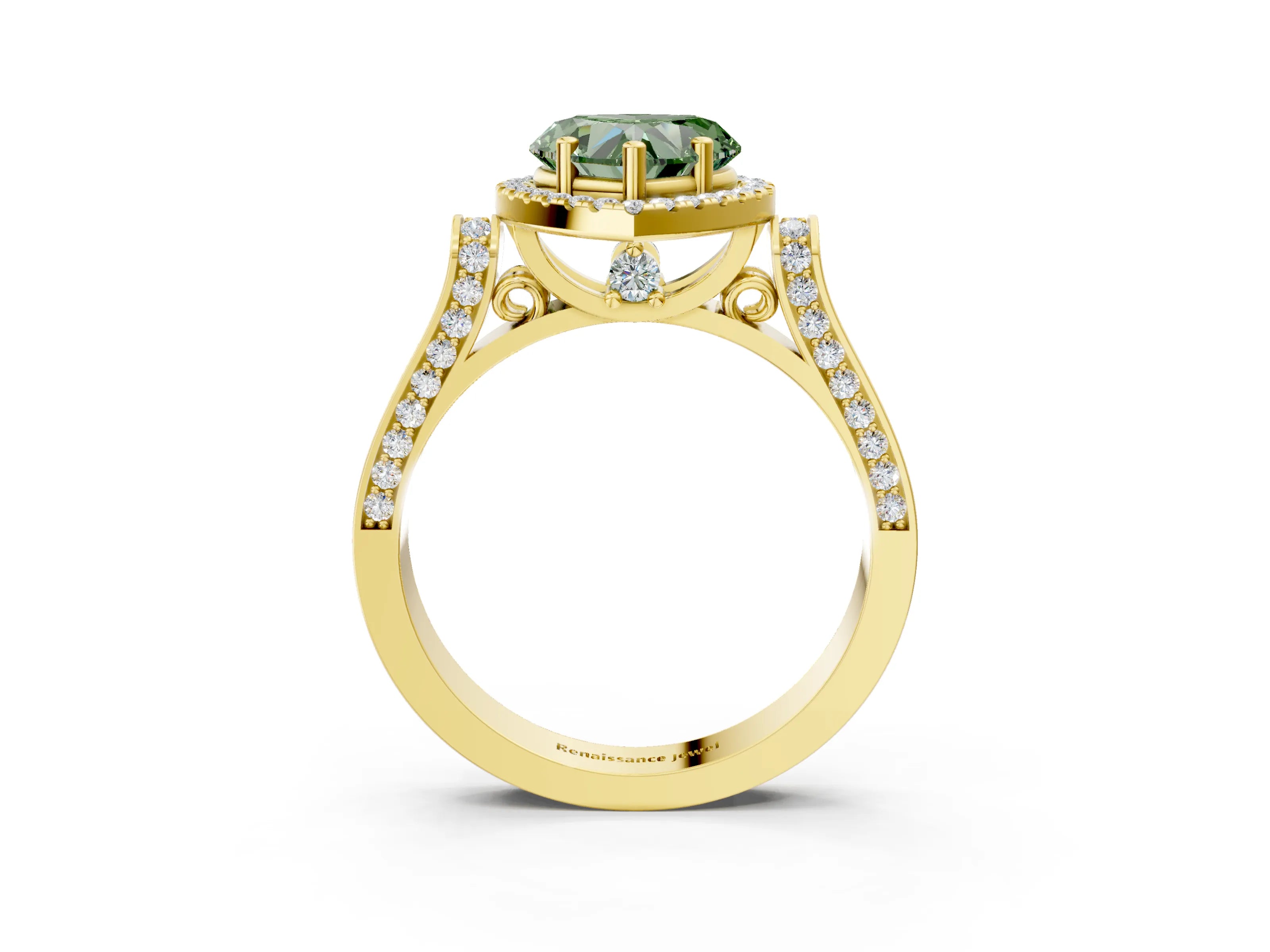 Yellow gold Fancy Green Heart Cut Halo Round Diamond Twist Band with Four-Prong Setting_3
