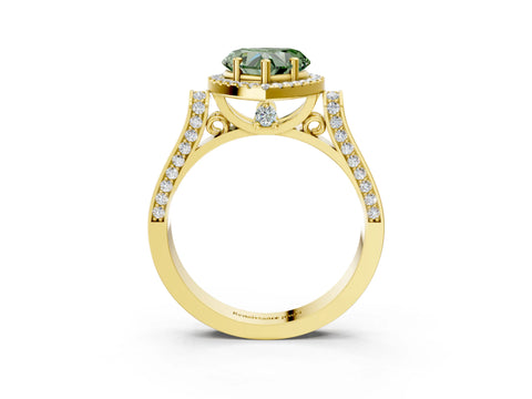 Yellow gold Fancy Green Heart Cut Halo Round Diamond Twist Band with Four-Prong Setting_3