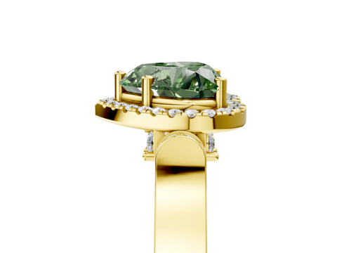 Yellow gold Fancy Green Heart Cut Halo Round Diamond Twist Band with Four-Prong Setting_5