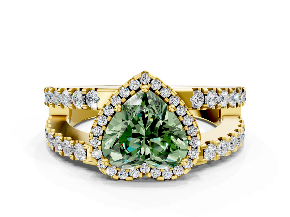 Yellow gold Fancy Green Heart  Cut Halo Split Shank Diamond Ring with Four-Prong Setting