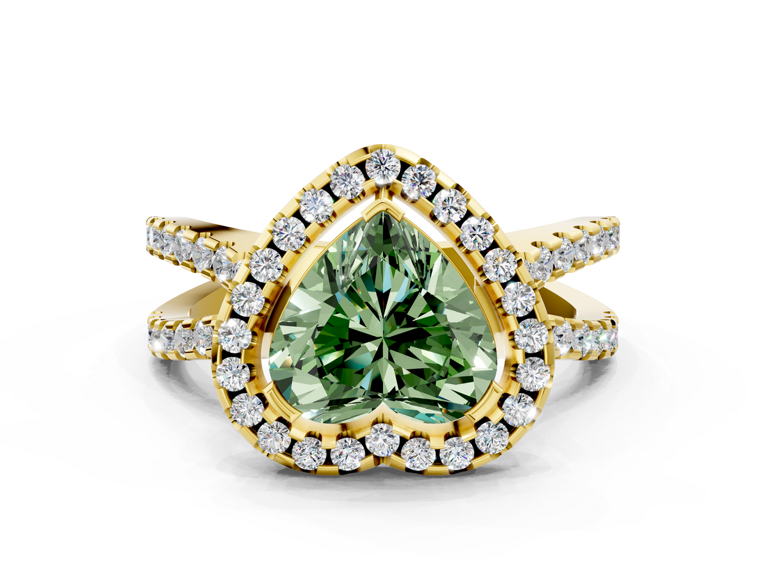 Yellow gold Fancy Green Heart  Cut Halo Split Shank Pave Set Ring