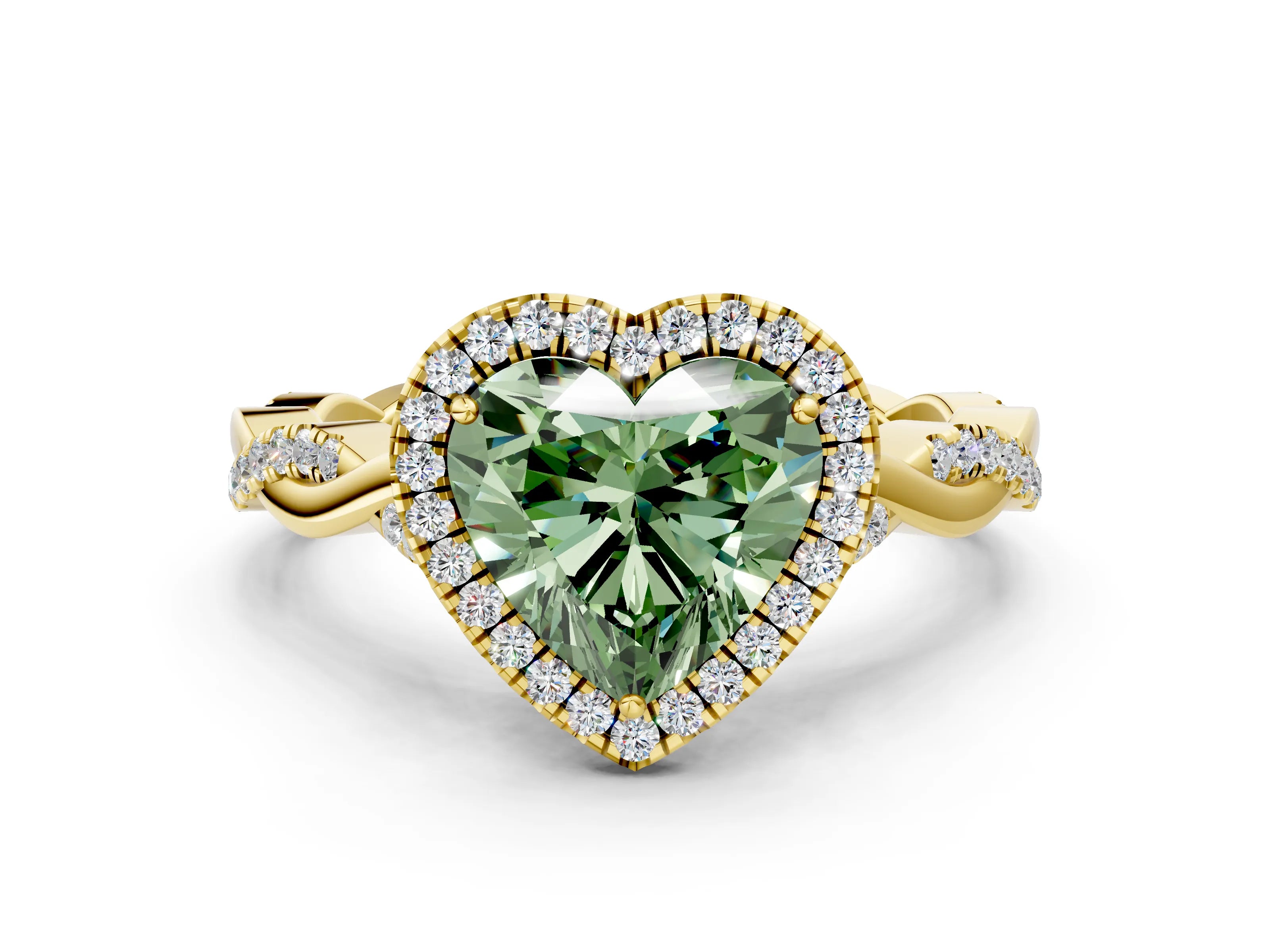 Yellow gold Fancy Green Heart Cut Halo Twist Band with Four-Prong Setting