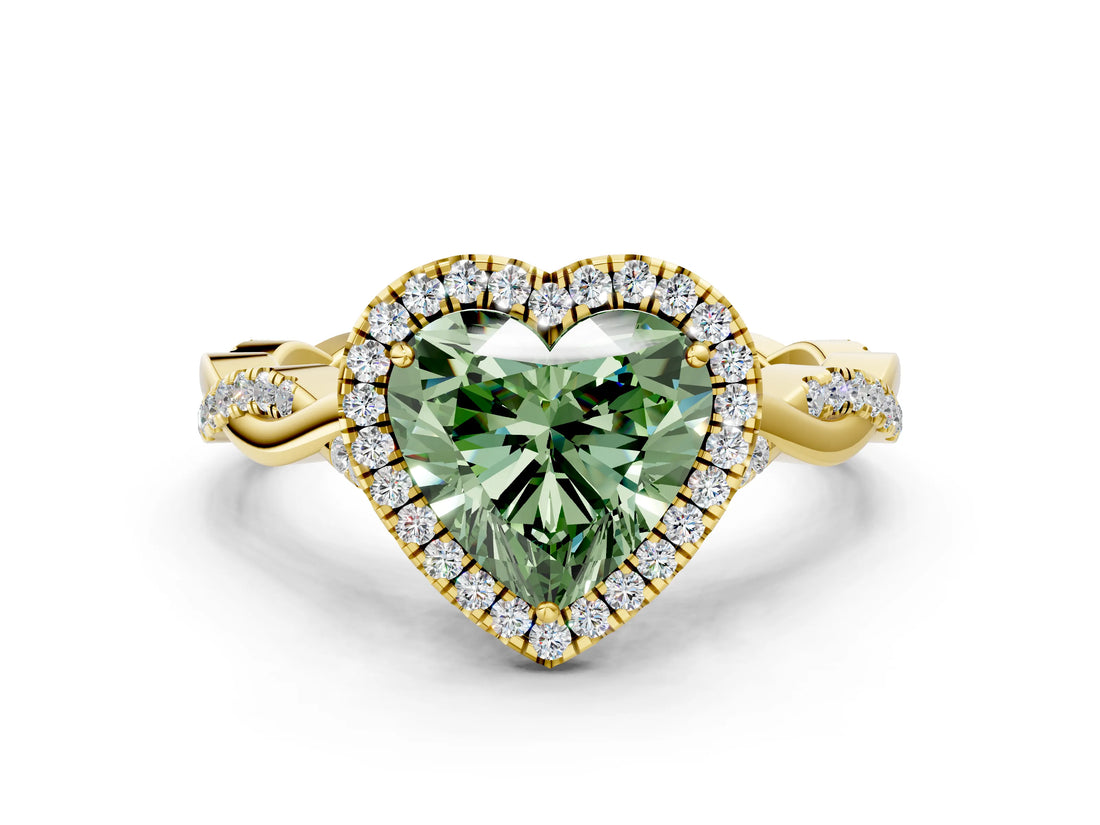 Yellow gold Fancy Green Heart Cut Halo Twist Band with Four-Prong Setting_12