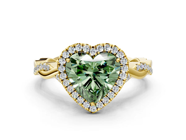 Yellow Gold Heart-Shaped Interwoven Twist Halo Engagement Ring Setting for Fancy Green Center