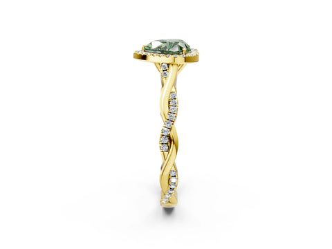 Yellow gold Fancy Green Heart Cut Halo Twist Band with Four-Prong Setting_14