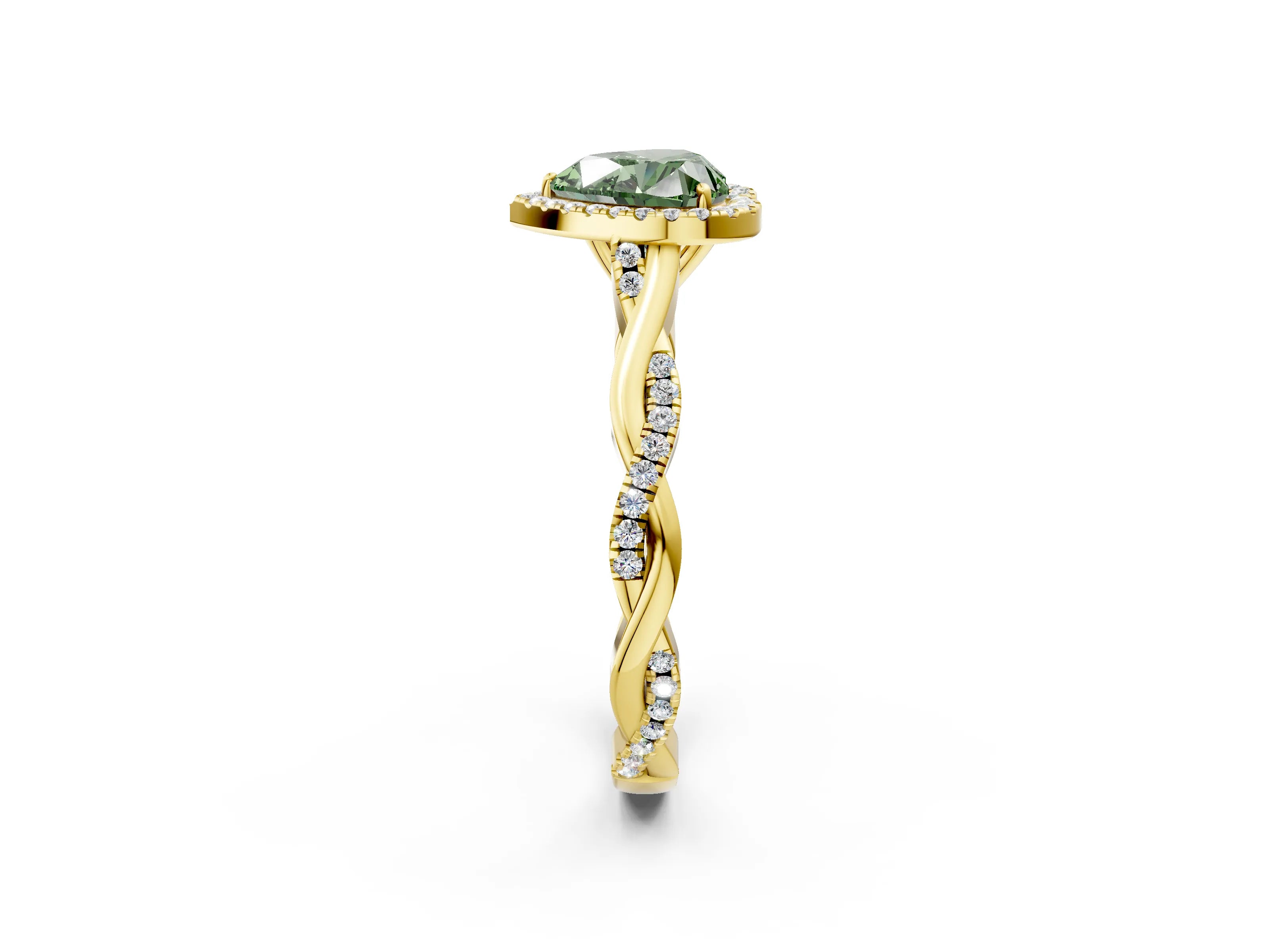 Yellow gold Fancy Green Heart Cut Halo Twist Band with Four-Prong Setting_2