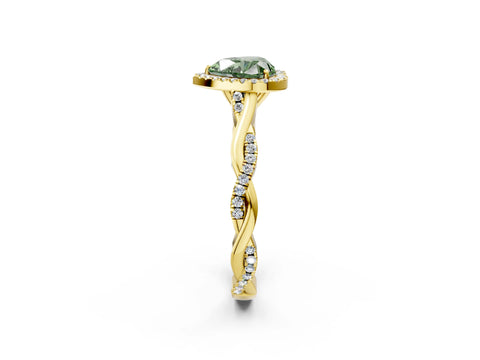 Yellow gold Fancy Green Heart Cut Halo Twist Band with Four-Prong Setting_2