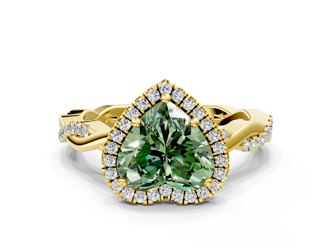 Yellow gold Fancy Green Heart  Cut Halo Twisted Band Four-Prong Ring