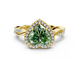 Yellow gold Fancy Green Heart  Cut Halo Twisted Band Four-Prong Ring
