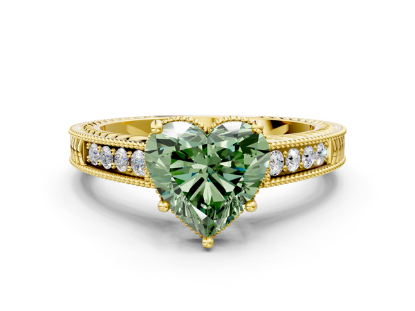 Yellow gold Fancy Green Heart Cut Diamond Engagement Ring with Milgrain Channel Set Band and Prong Setting