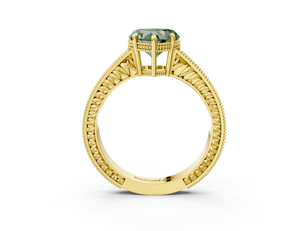 Yellow gold Fancy Green Heart Cut Diamond Engagement Ring with Milgrain Channel Set Band and Prong Setting
