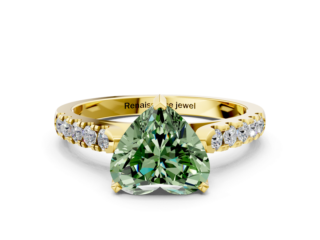 Yellow gold Fancy Green Heart  Cut Pavé Band Solitaire Ring with Four-Prong Setting