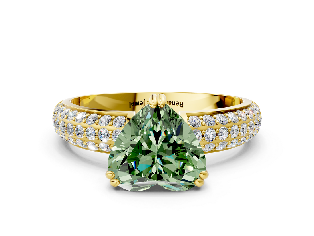 Yellow gold Fancy Green Heart  Cut Pave Diamond Engagement Ring with Channel Set Band and Four-Prong Setting