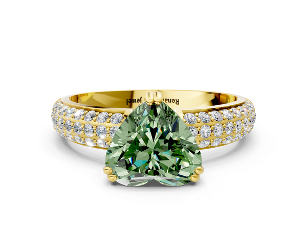 Yellow gold Fancy Green Heart  Cut Pave Diamond Engagement Ring with Channel Set Band and Four-Prong Setting