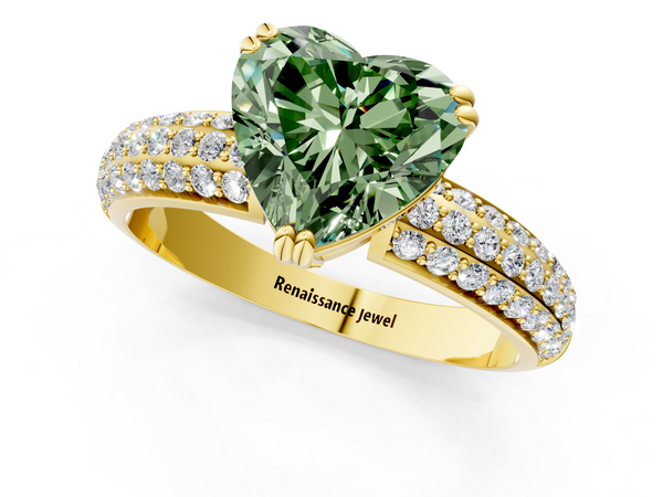 Yellow gold Fancy Green Heart  Cut Pave Diamond Engagement Ring with Channel Set Band and Four-Prong Setting