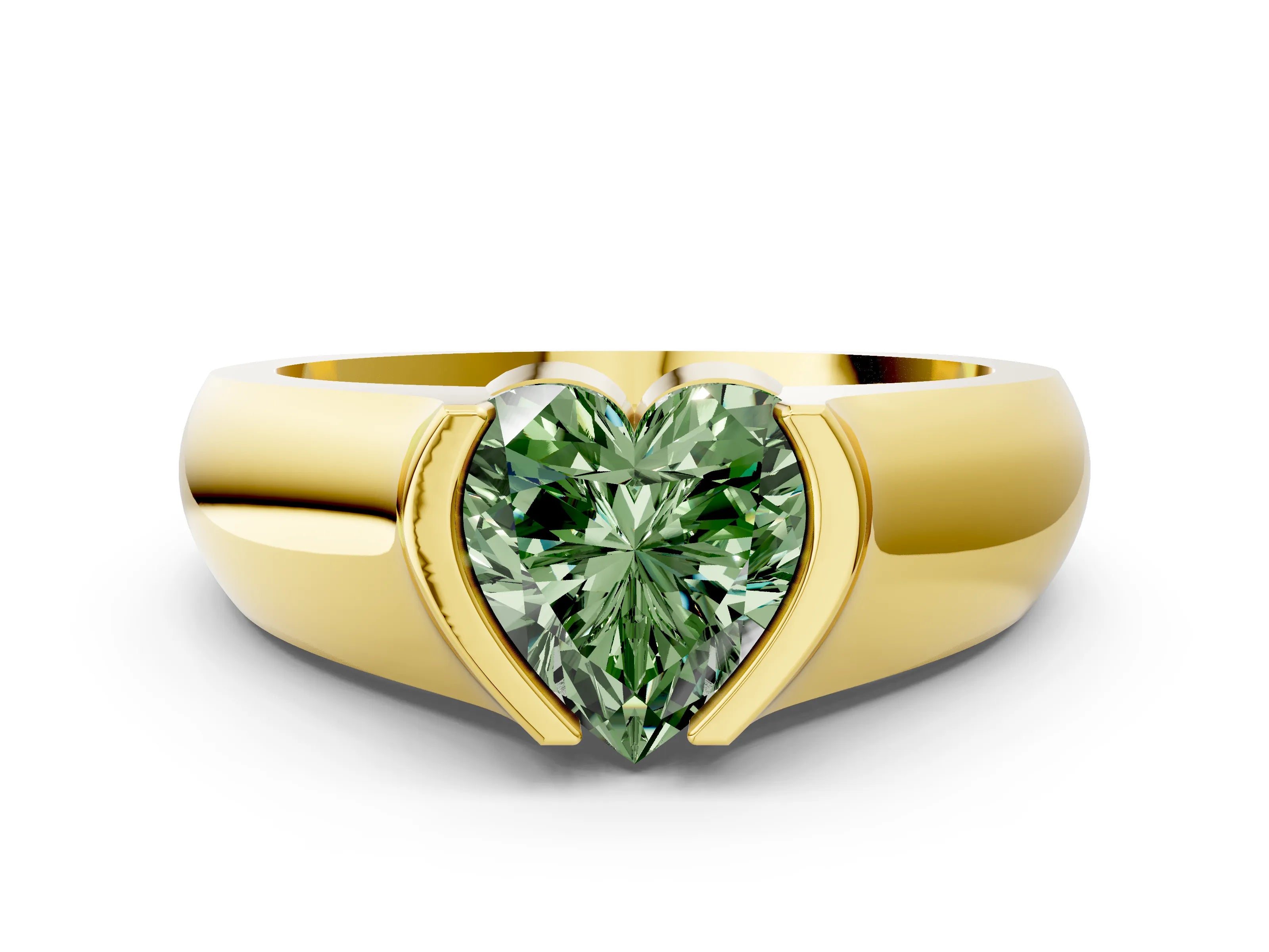 Yellow gold Fancy Green Heart Cut Solitaire Bezel Set Diamond Ring with Wide Band