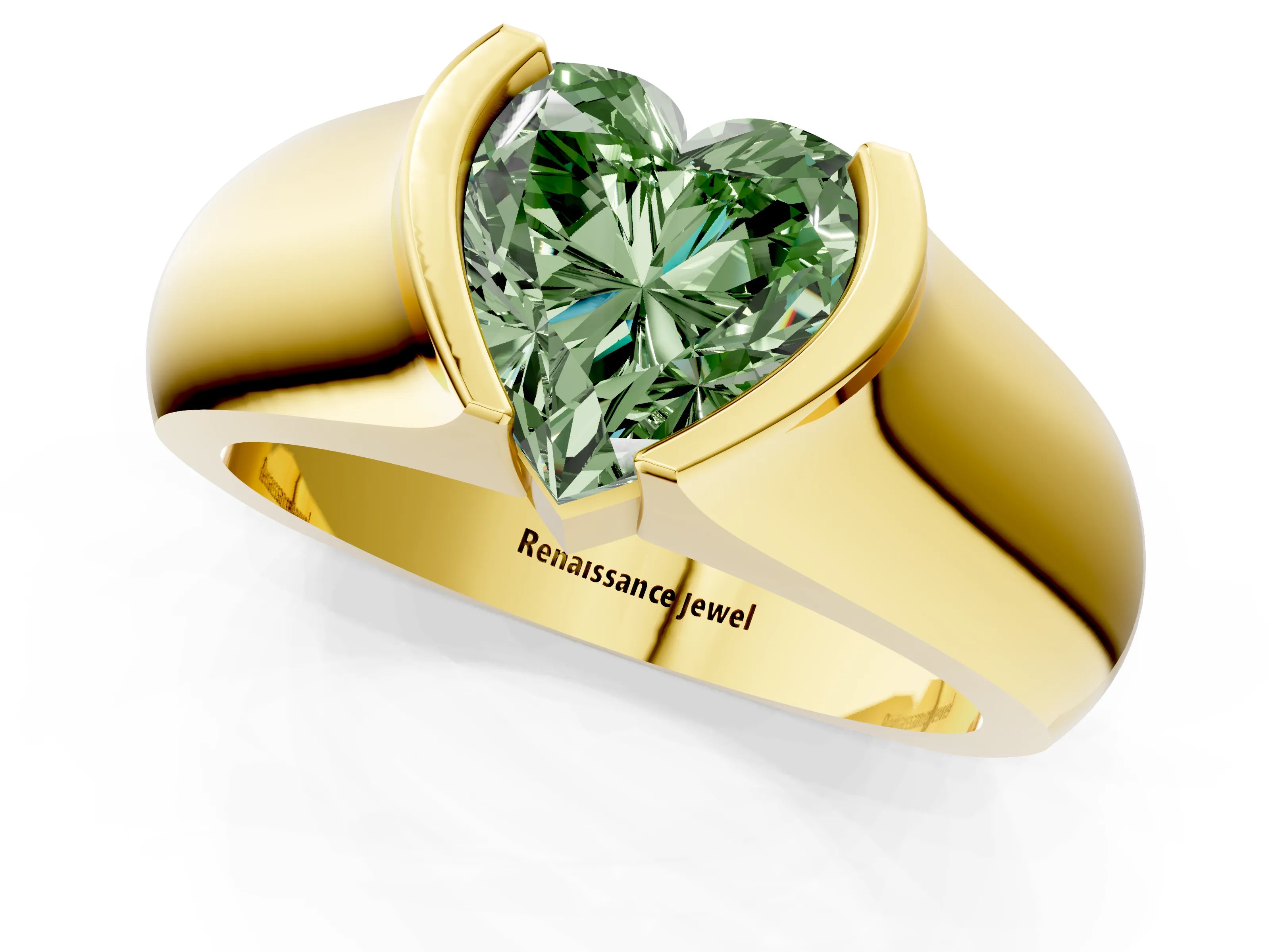 Yellow gold Fancy Green Heart Cut Solitaire Bezel Set Diamond Ring with Wide Band_1