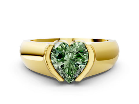 Yellow gold Fancy Green Heart Cut Solitaire Bezel Set Diamond Ring with Wide Band